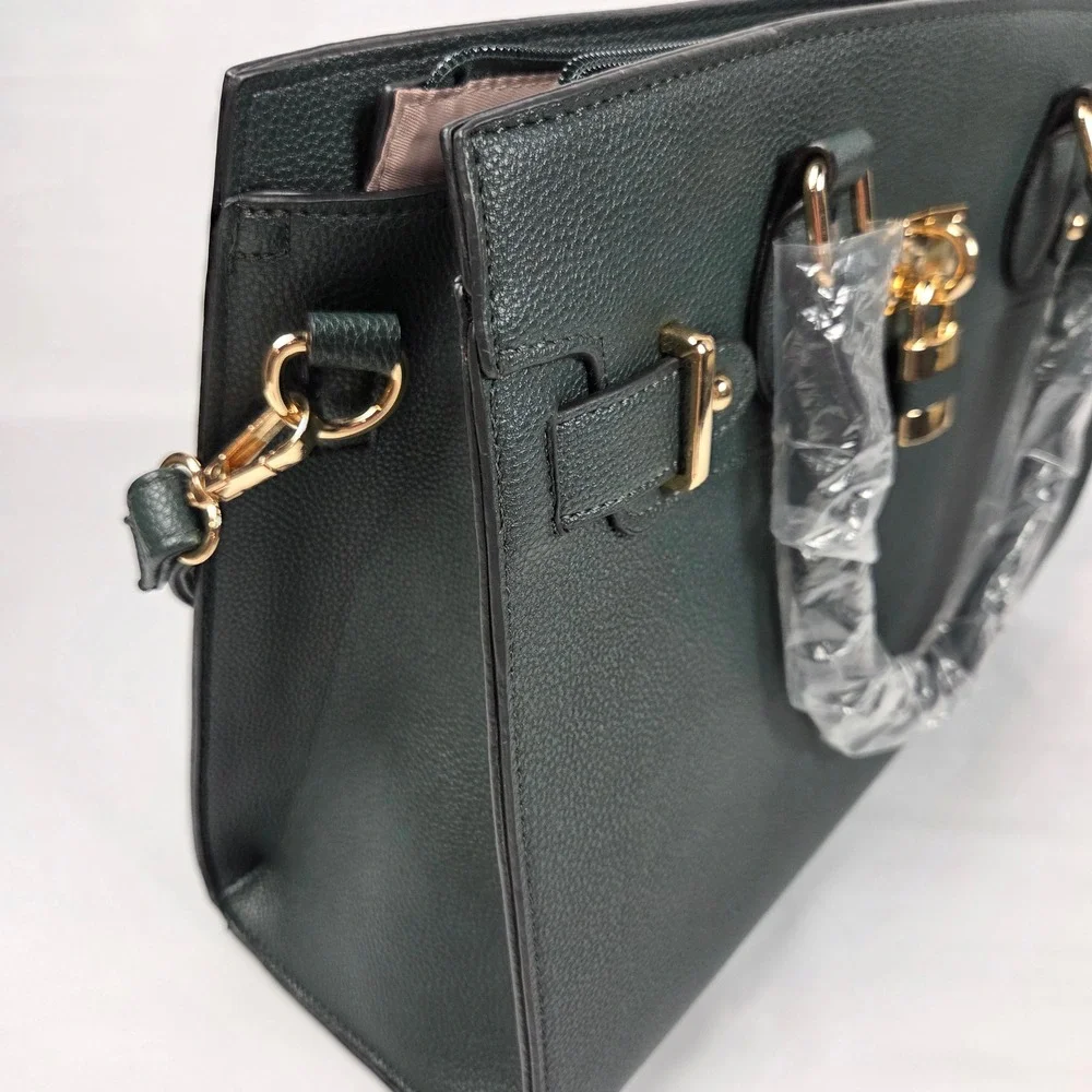 Dasein Satchel Handbag Dark Green Gold Lock Padlock Crossbody Tote Bag NWT Large